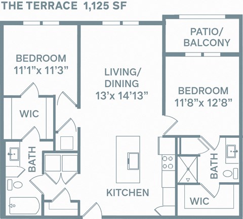 Floor plan for 2 beds, 2 baths, 1125 sqft